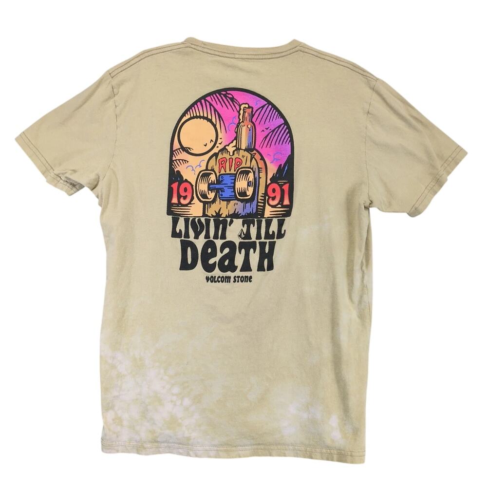 Volcom‎ Skater Graphic T-Shirt Men's L Livin' Till Death Beige Streetwear Grunge